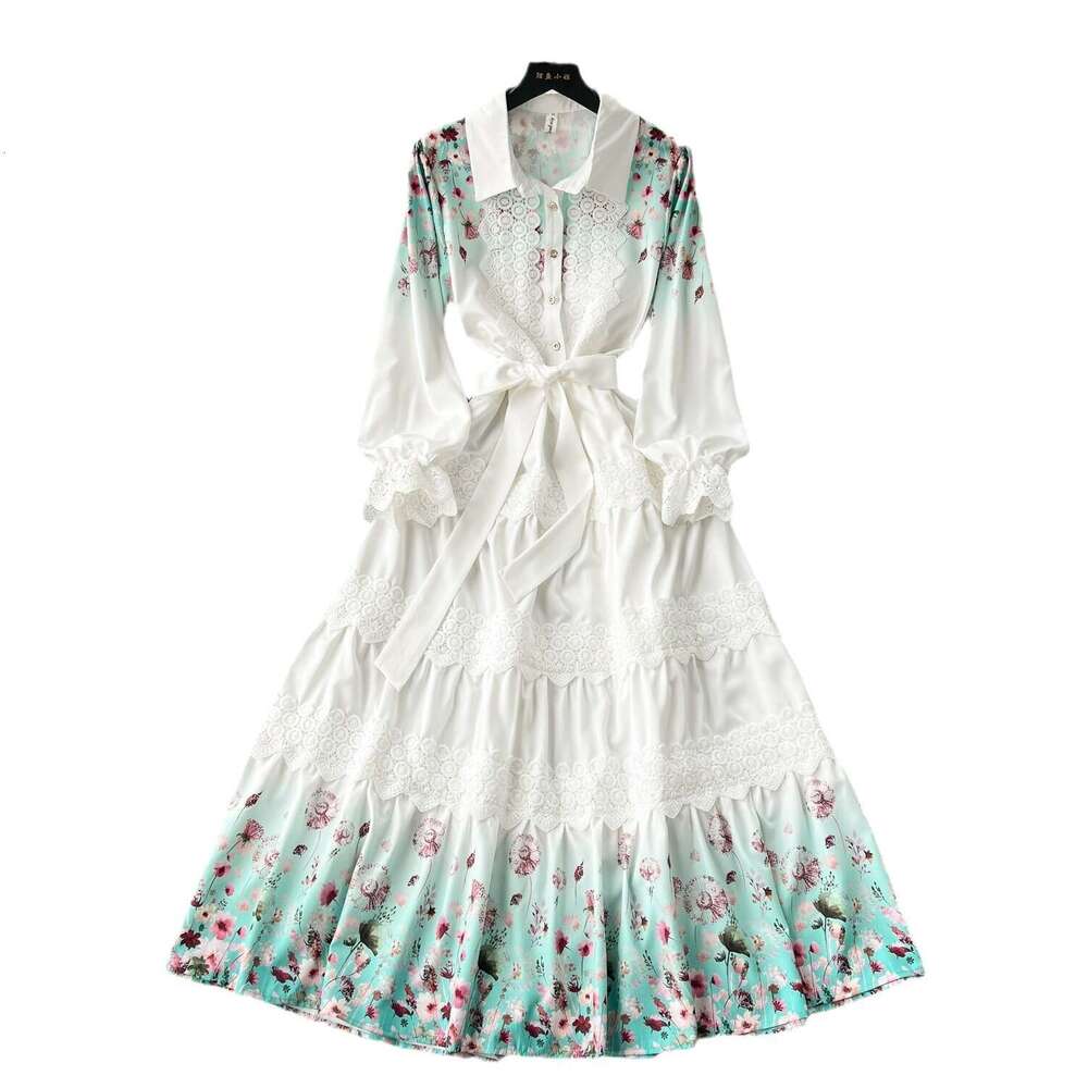 Early Spring New Dress Design with Lace Patchwork, Niche Printed Ruffle Edge Skirt, Bubble Sleeve Shirt Skirt Waist Short Self-cultivation Sexy Round 