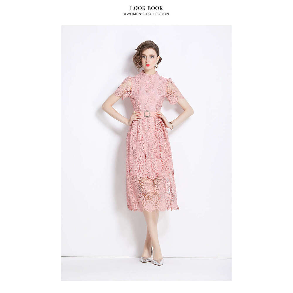 French Style Temperament Summer Female Niche, Water-soluble Lace Slim Fit Long Short Sleeved Dress, Can Be Worn on Weekdays Short Loose Lace Dress BOH