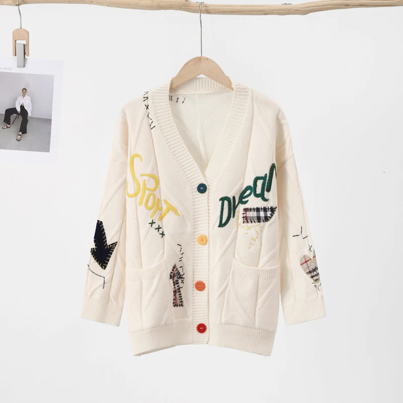 Embroidery Knitted Cardigan Womens Sweater Warm Long Sleeve Letter Print Pocket Jumpers Autumn Winter Loose Sweaters 240713