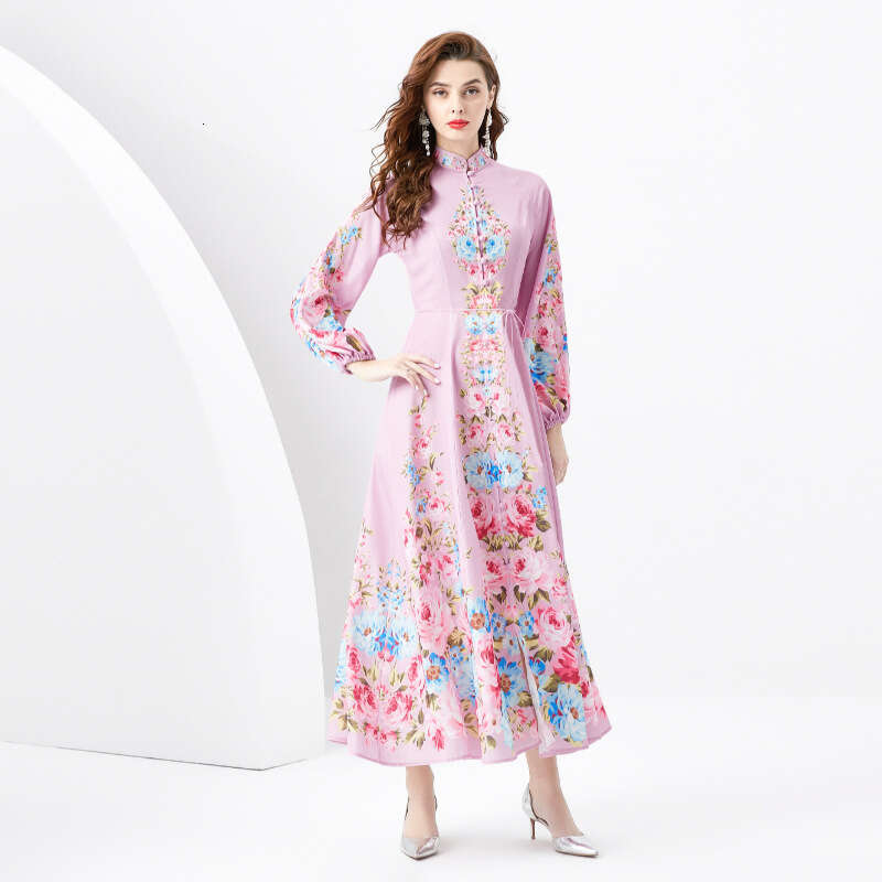 Ladies 2024 Spring/summer - Vacation Style Stand Up Collar Single Breasted Diagonal Cut Print Wide Swing Long Dress Bifurcated Sexy BOHO DRESS Round N