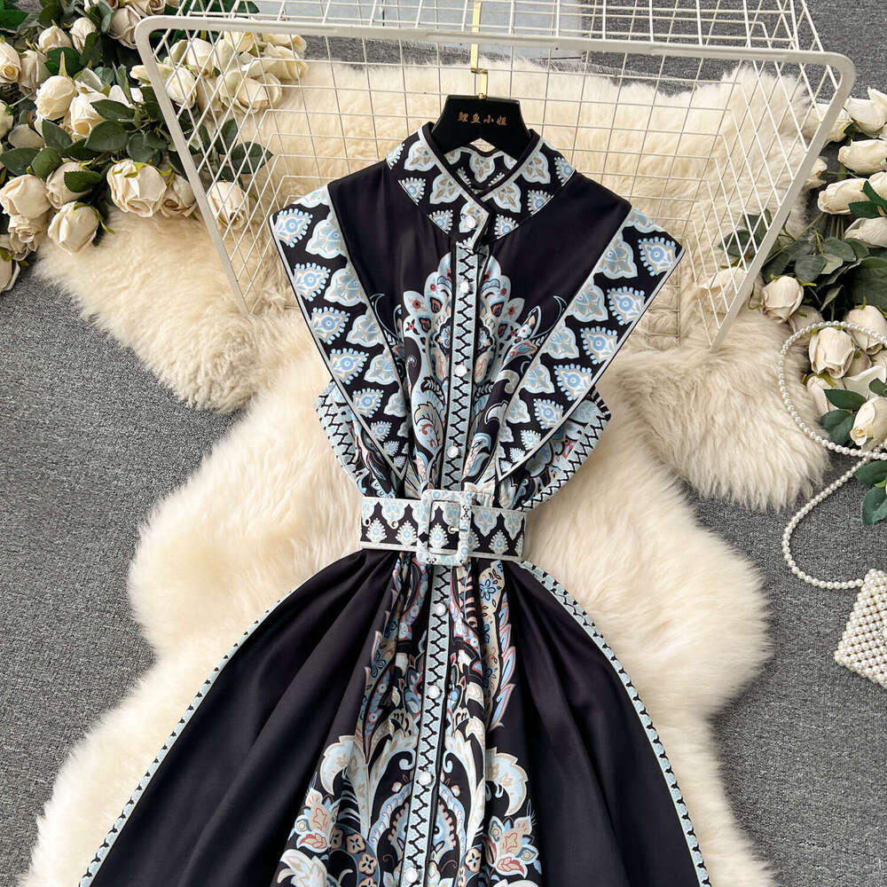 French Haute Couture Socialite Style Dress, Holiday Design, Printed Slim Fit Long Sleeveless Shirt Dress Self-cultivation Bifurcated SKINNY DRESS Lace