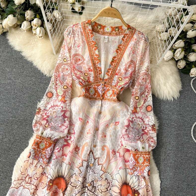 Spring and Autumn Seasonal Fake French V-neck Long Sleeved Printed Womens Waist Wrapped A-line Large Swing Dress Short Bifurcated Oversize Dress Lace 