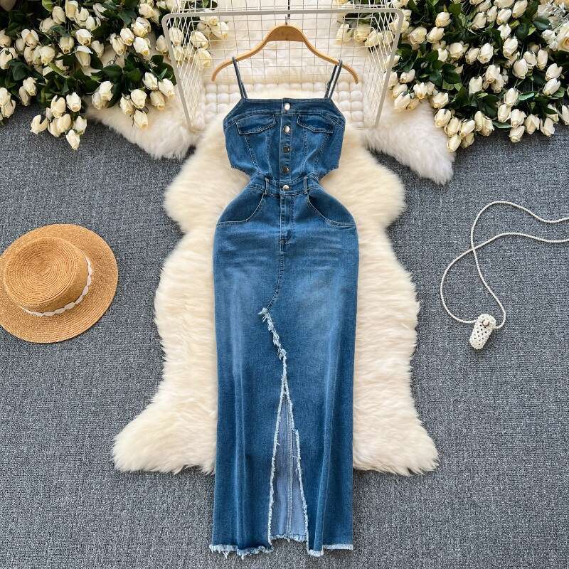 Chic Denim Skirt Design with Fur Edge, Slit, Slim Fit, Medium Length Strap, Dress for Summer Temperament Self-cultivation High Waist Dress Oversize Dr