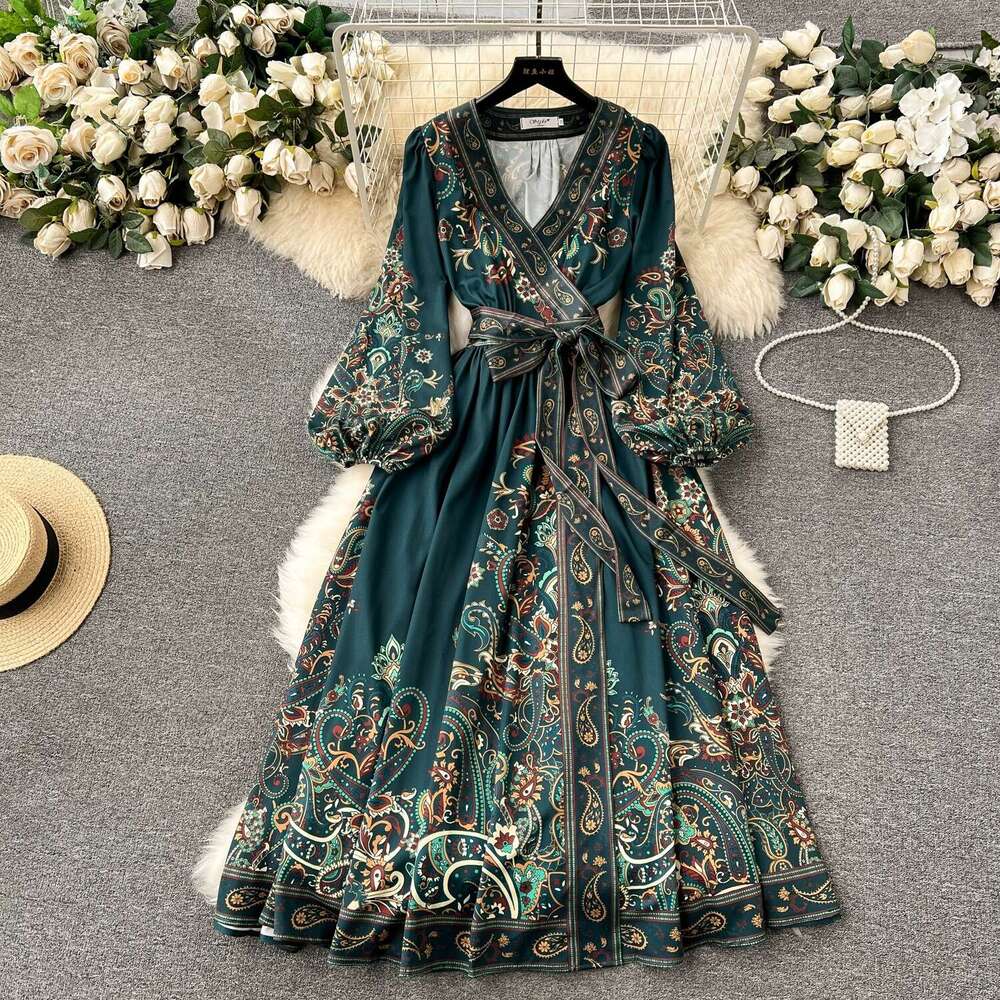 2024 New French One Piece Lace Up Waist Printing Womens Light Luxury Elegant Long Dress Bifurcated Short Novelty Waist Temperament Silk Dress Denim Dr