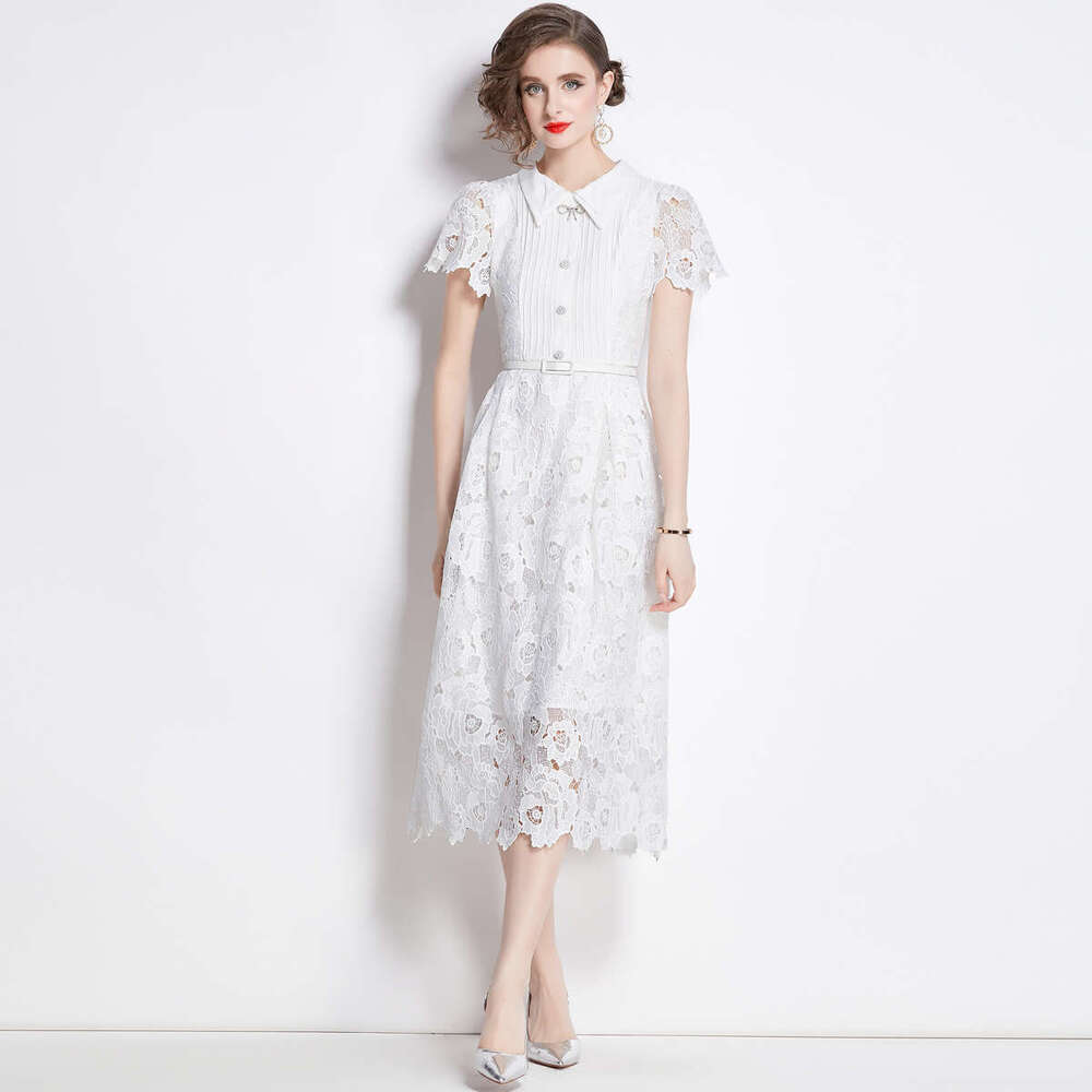 2024 Summer New Celebrity Style French Lace Bubble Sleeves Wrapped Waist White Dress Self-cultivation Temperament Bifurcated Novelty BOHO DRESS Denim 