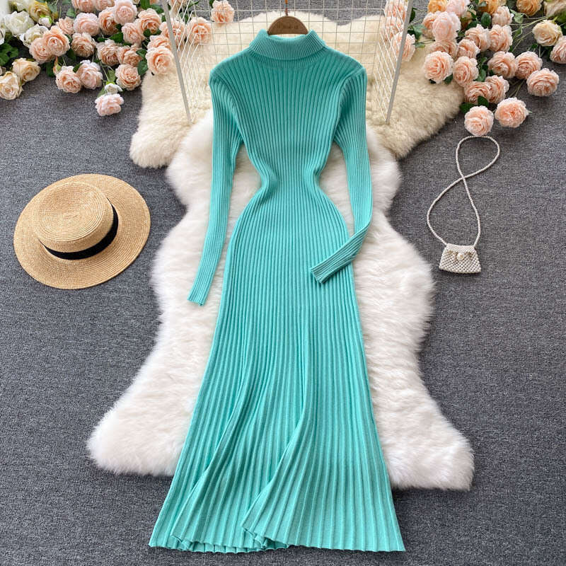 Autumn 2022 New Goddess Temperament High Neck Slim Fit Medium Long Style with Inner Bottom Skirt Knitted Dress Chiffon Floral Dress Short Sexy Silk Dr