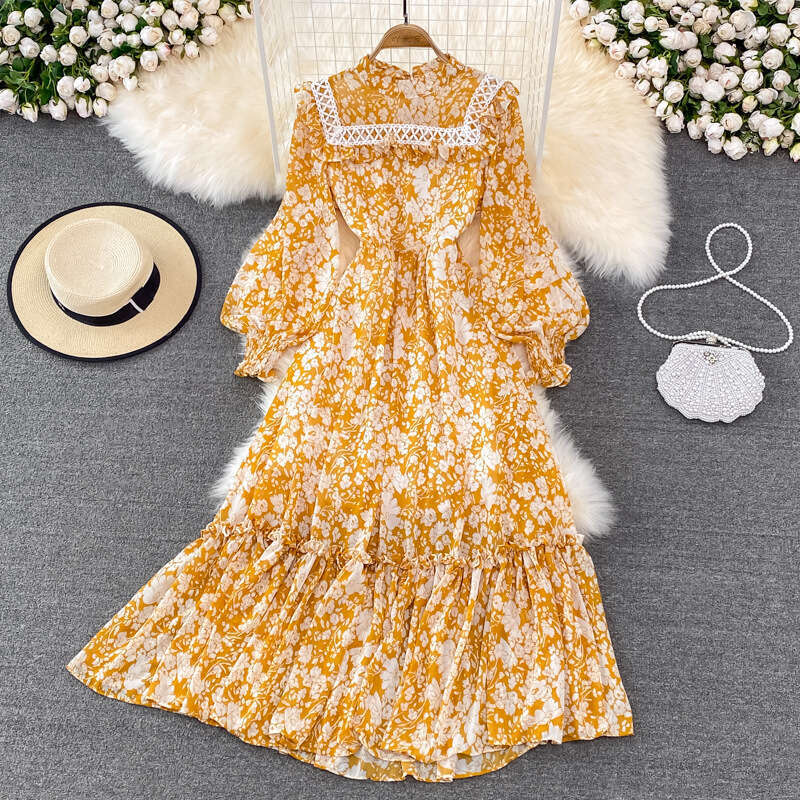 Spring and Autumn French Grand Swing Long Super Fairy Fragrant Flower Skirt Lantern Sleeve High Waist Look Skinny Lotus Leaf Edge Stand Up Collar Dres