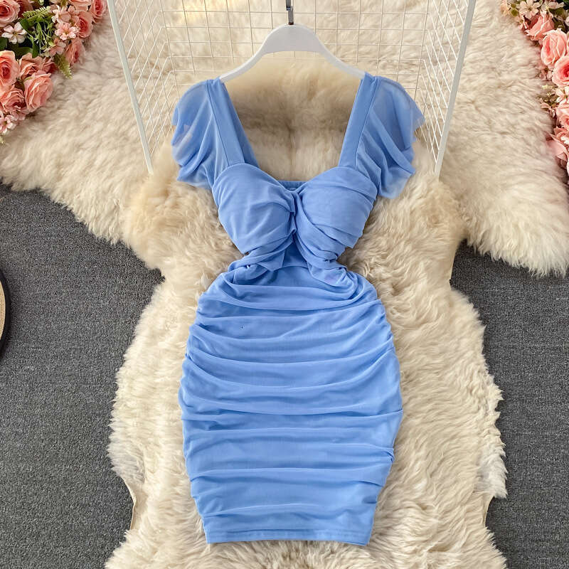 2023 Summer New French Sexy High Waist Slim Folded Square Neck Wrapped Hip Short Sleeve Party Dress Self-cultivation Pregnant Womens Dress Lace Dress