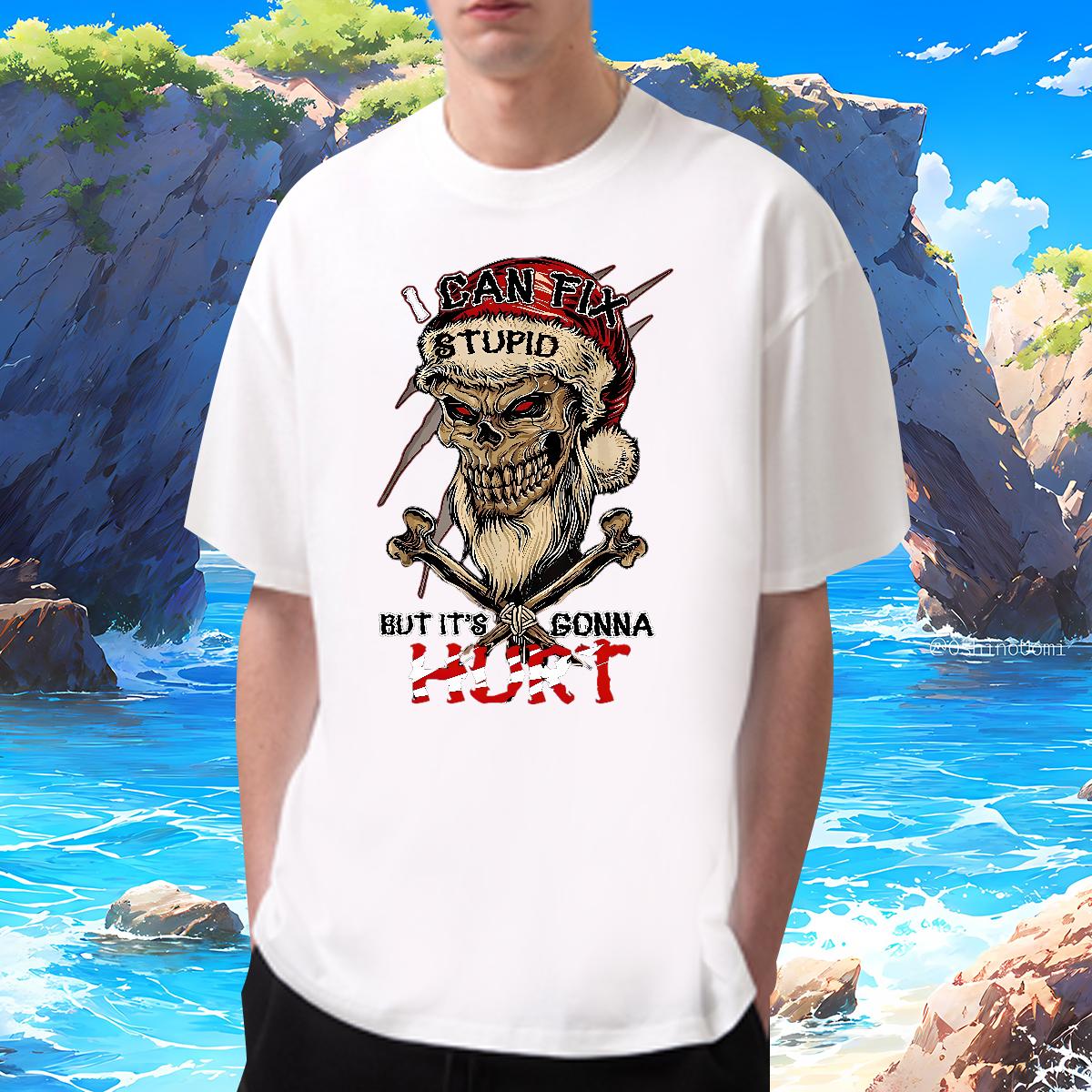 2024 Summer T Shirts Men Skeleton 100% Cotton 230g DIY Outdoor Couples T Shirts Breathable Crew Neck Cotton Classic