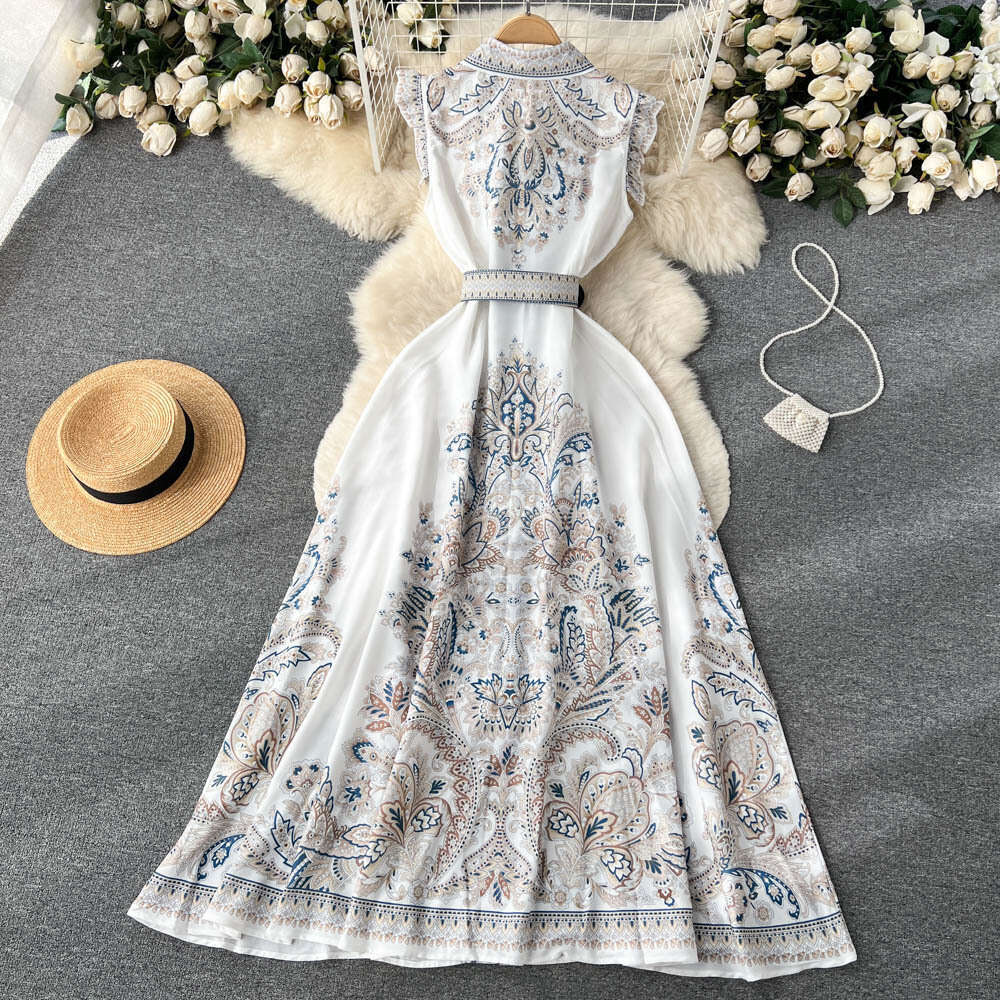 Summer Lapel Sleeveless Printed Dress for Women in French Court Style with A Waistband and Large Hem, A-line Long Skirt Autumn Dress Women Short Sexy 