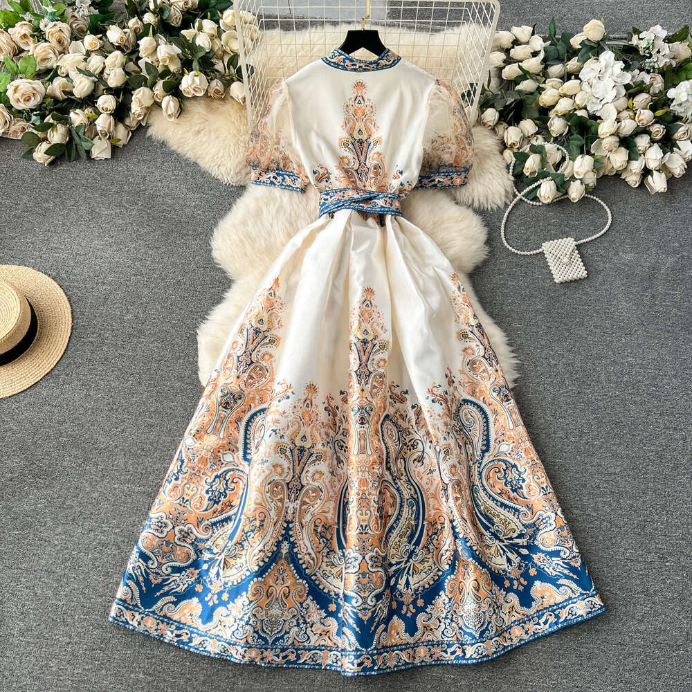 Palace with A High-end Feel, Light Luxury, and Niche Print Strap, Slim Fit Long French Style Bubble Sleeve Dress Sexy Waist Round Neck Dress Denim Dre