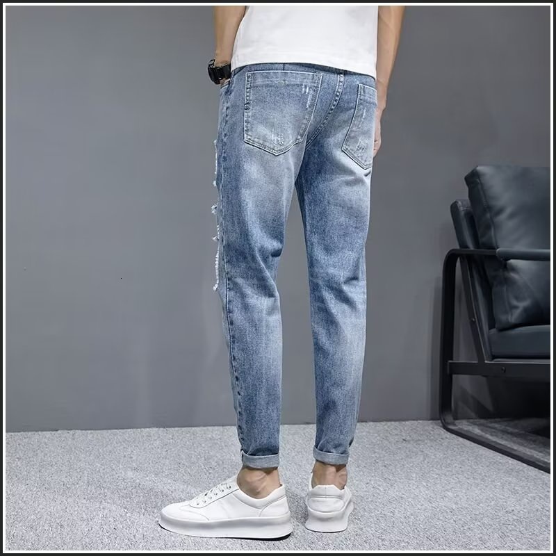 Korea Summer Korean men's jeans ripped fashion slim Jeans Men's Slim Fit boys' skinny pants COD