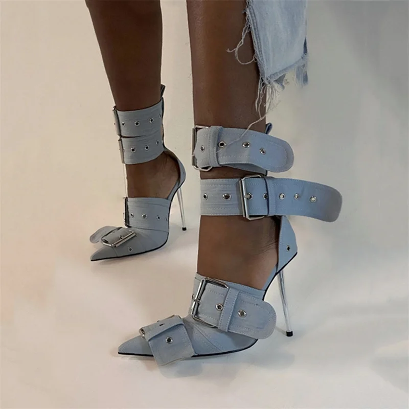Rivet Denim Buckle Sier Sandals Women's Sexy Punk Style Pointed Metal New Hollow 12cm High Heels Size 34-43 Womens Shoes 8b20