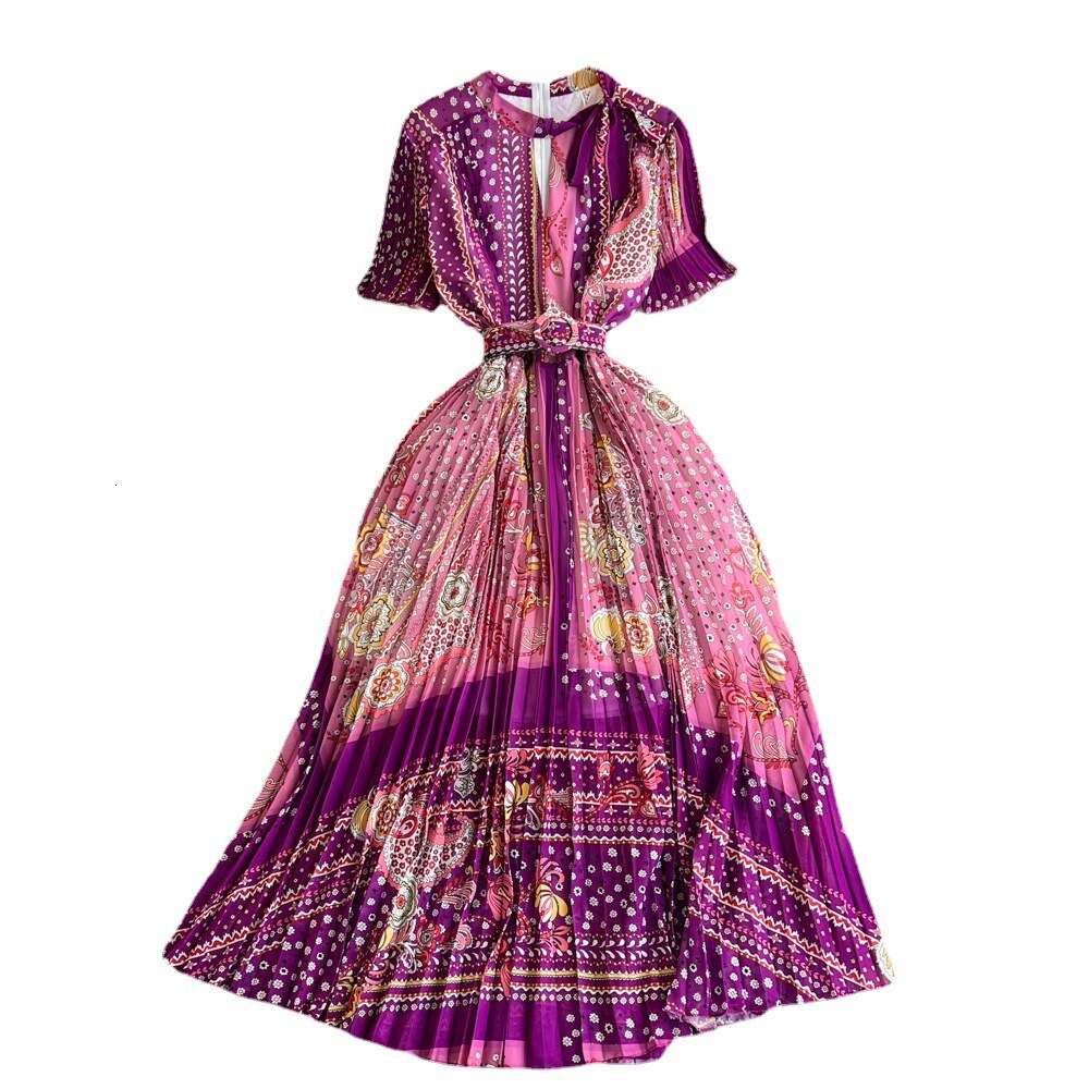 Light and Mature Style, Short Sleeved Stand Up Collar, Waist Cinched, Slimming A-line Printed Pleated Dress, Elegant Large Hem Long Skirt BOHO DRESS