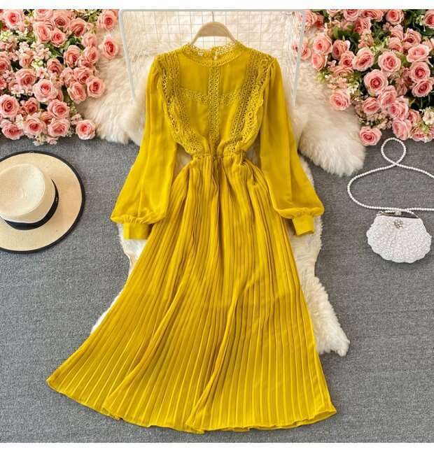 Dressed Lace Patchwork Pleated Chiffon Dress High Waisted and Slim Temperament, Featuring Long Skirt with A Large Hem Loose Waist Lace Dress BOHO DRES