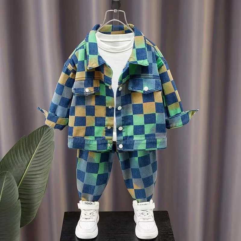 Clothing Sets Childrens And Boys Denim Set For Spring And Autumn New Autumn Two-piece Set For Korean Version Of Fashionable Plaid For Boys