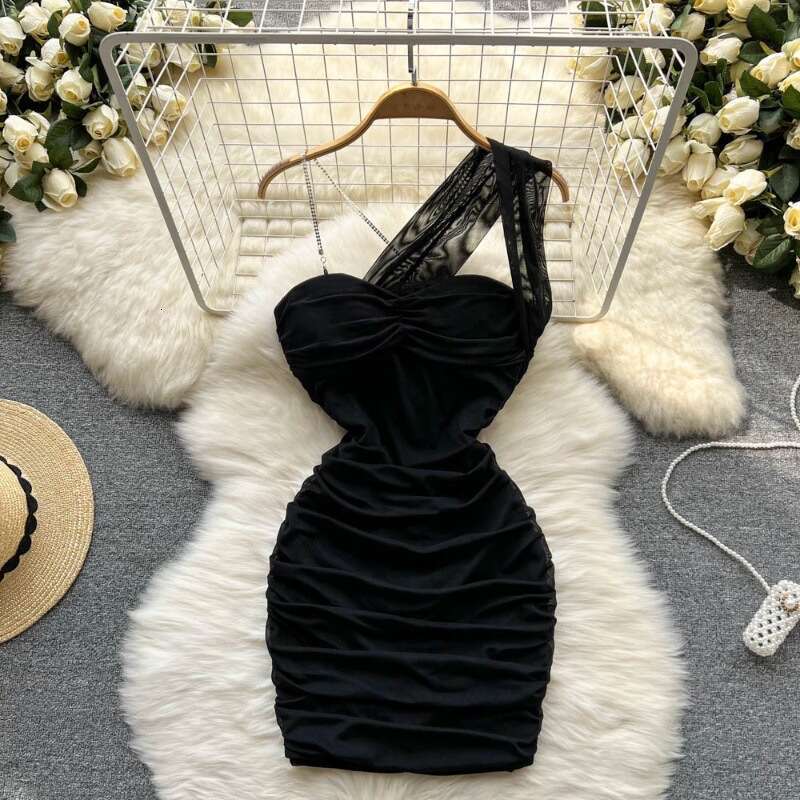 Hanging Neck, Mesh Pleated, Off the Shoulder Bag, Buttocks, Sexy Dress, Womens Bra Design, Unique Waist Cinching, Spicy Girl Skirt Lace Dress Denim Dr