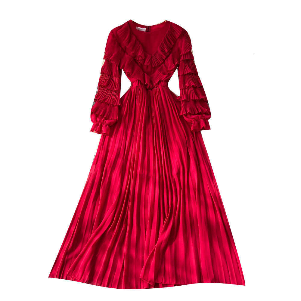 New Fungus Ruffled V-neck Cake Sleeves, Waist Cinched Pleated Long Skirt, Formal Dress Sexy Dress Fishtail Dress Loose Sexy Pregnant Womens Dress Lace