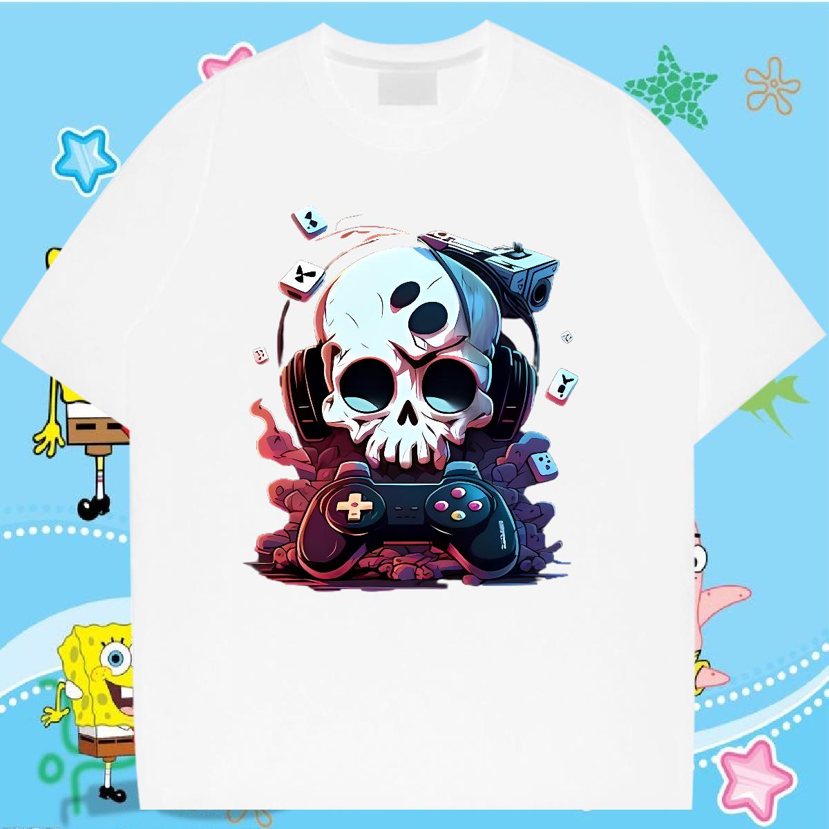 High Quality Men Clothes T-Shirt Skeleton 100% Cotton 230g Short Sleeve Cotton O-Neck Anime Printing Street Men T Shirts Cartoon Print Fashion Design 