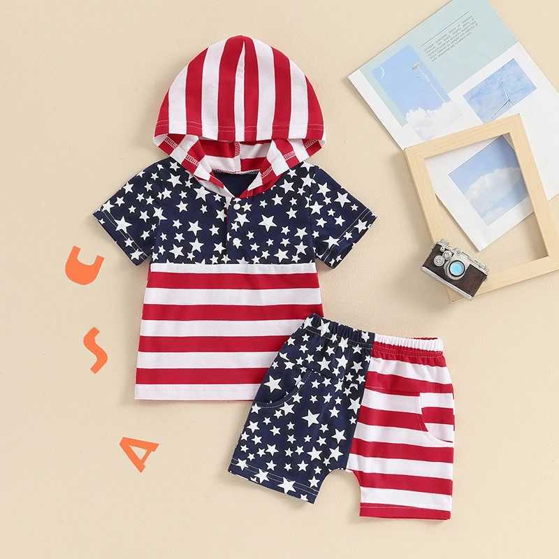 Clothing Sets 0-4Y Independence Day Baby Boy Summer Outfits Short Sleeve Stars and Stripes Print Hoodie T-shirt + Shorts Set Toddler Clothes