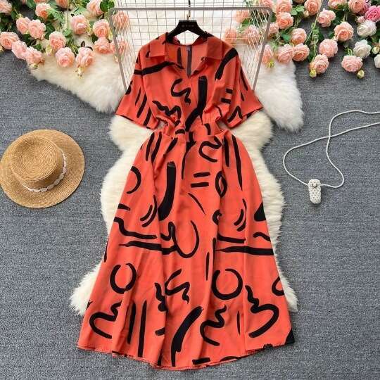Summer New Tea Break French Style Waist Wrap for Slimming Elegance Short Sleeved Printed Vacation Womens Dress Loose Novelty Sexy Bifurcated Round Nec