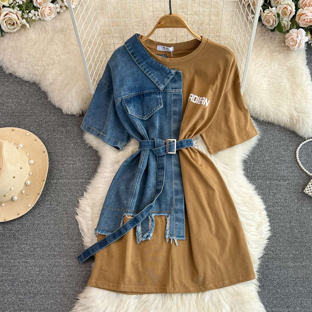 Hong Kong Style Waistband with Round Neck and Color Matching Denim Shirt, Spring New Chic Casual Mid Length Loose Novelty Denim Dress BOHO DRESS