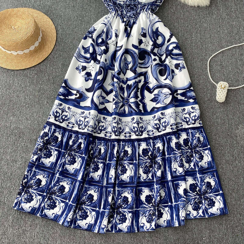 Ethnic Style Waistband Shows Slimming Temperament with A Camisole Dress, Summer Womens Haute Couture Print Stunning A-line Long Skirt Round Neck Dress
