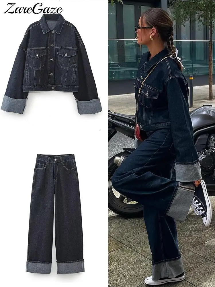 Fashion Patchwork Women Denim Suit Lapel Long Sleeve Coat Straight Wide Leg Jeans Suits Female Autumn Streetwear Jacket Pant Set 240715