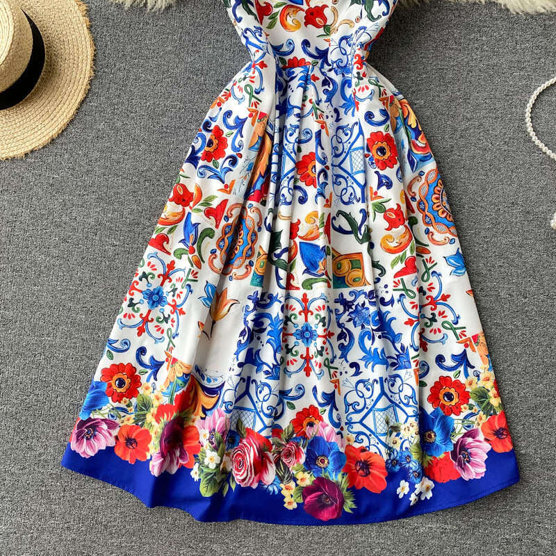 Light Luxury Small Socialite, High-end Clothing, Trendy Brand Printed Suspender Dress, Womens Summer Dress Self-cultivation Waist Loose BOHO DRESS SKI