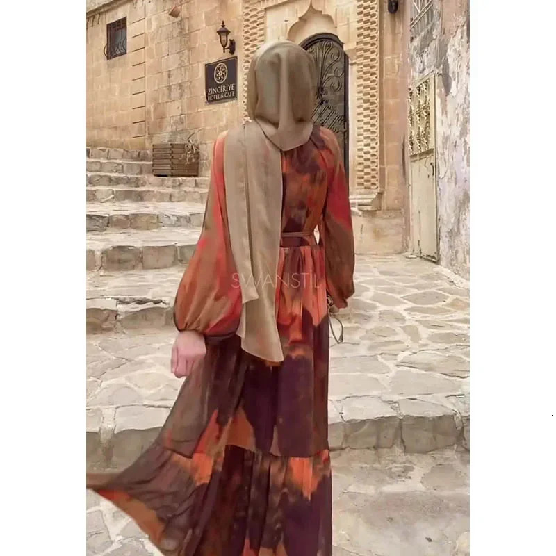 Modest Dubai Abaya Islam Ramadan Robe Femme Kaftan Formal Evening Maxi Dresses Muslim Fashion Women Chiffon Print Long Dress 240712