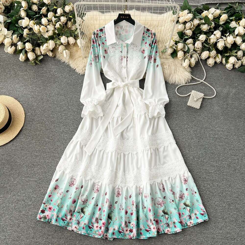 Early Spring New Dress Design with Lace Patchwork, Niche Printed Ruffle Edge Skirt, Bubble Sleeve Shirt Skirt Waist Short Self-cultivation Sexy Round 