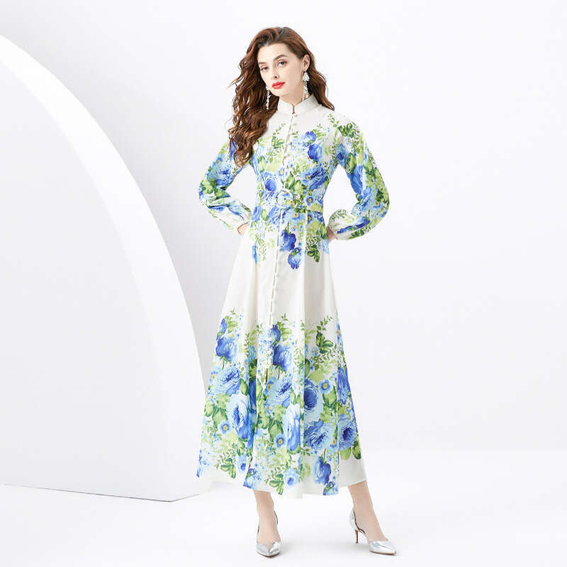 Ladies 2024 Spring/summer - Vacation Style Stand Up Collar Single Breasted Printed Wide Swing Long Dress Self-cultivation Sexy Loose BOHO DRESS Denim 