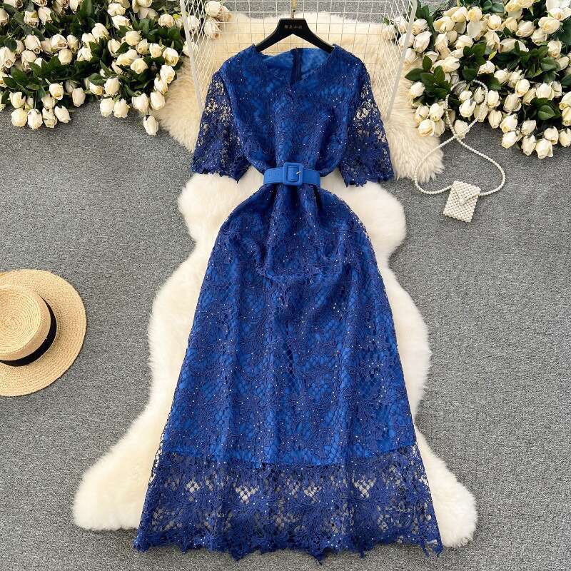High End, Light Luxury, Sequin Embroidery Dress, Elegant, Slim Fit, Long Design, Hollow Out Lace Dress for Women Temperament Denim Dress High Waist Dr