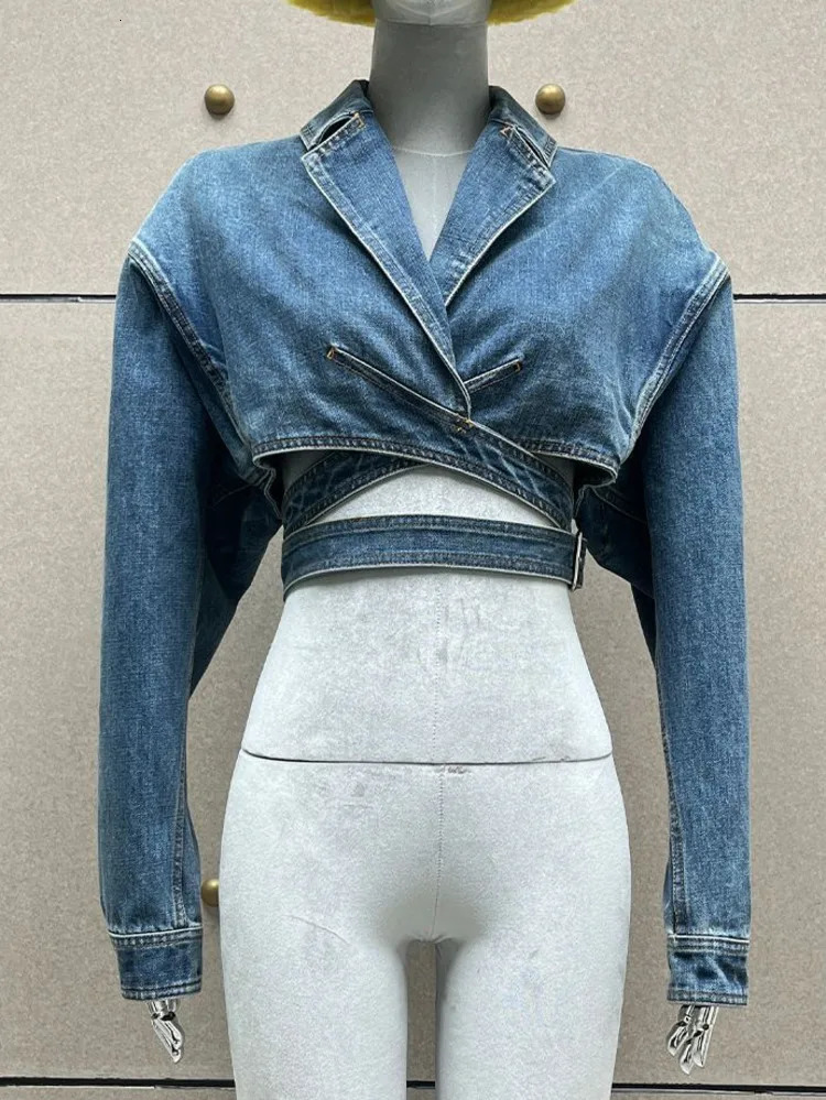 DEAT Women Denim Jackets Notched Collar Long Sleeve Crossed High Waist Spliced Belt Short Coat 2024 Summer Fashion 7AB3526 240715