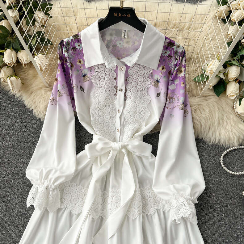 Early Spring New Dress Design with Lace Patchwork, Niche Printed Ruffle Edge Skirt, Bubble Sleeve Shirt Skirt Waist Short Self-cultivation Sexy Round 