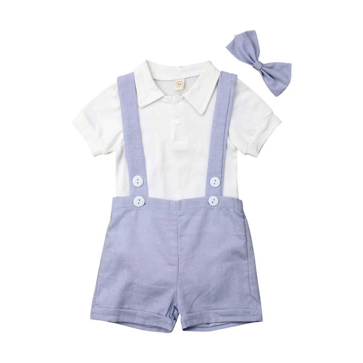 Clothing Sets Babys Gentleman Suit Boys Summer Short Sleeve Solid Color Romper Button Suspender Shorts Bow Tie 3pcs Infant Clothing