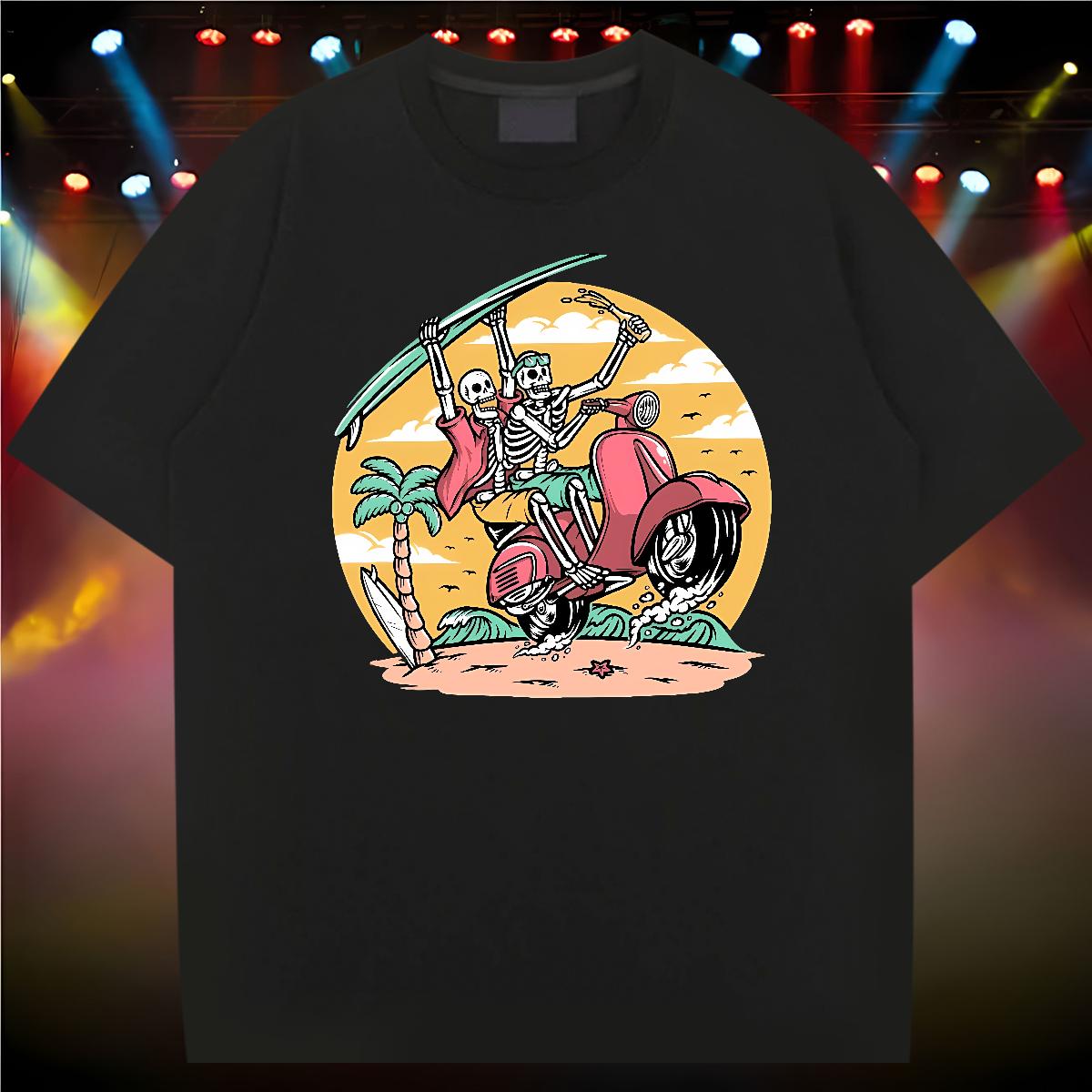 2024 T-Shirts for Men Skeleton 230g 100% Cotton Custom Printing Beach Couples T Shirts O-Neck Short Sleeve Cotton Popular