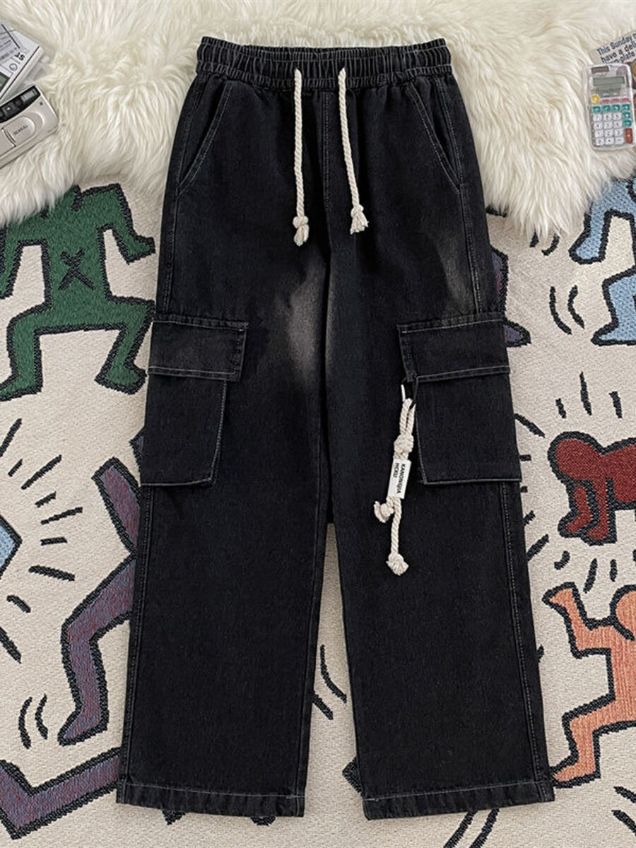 Cargo Jeans Men's Loose Straight-leg American Retro Trendy Drawstring Leisure High Street Wide Leg Pants Spring and Autumn