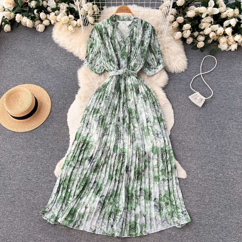 French Waistband with Slimming Design and A Small Crowd Pressure Pleated Bubble Sleeve Dress for Womens Clothing Korean Style Floral Long Skirt Oversi