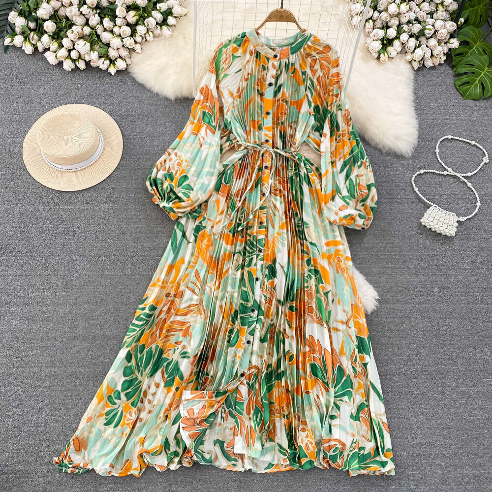 High End Light Luxury Temperament Lantern Sleeved Round Neck with Waistband for Slimming Effect, Single Breasted Printed Dress, Elegant Long Skirt