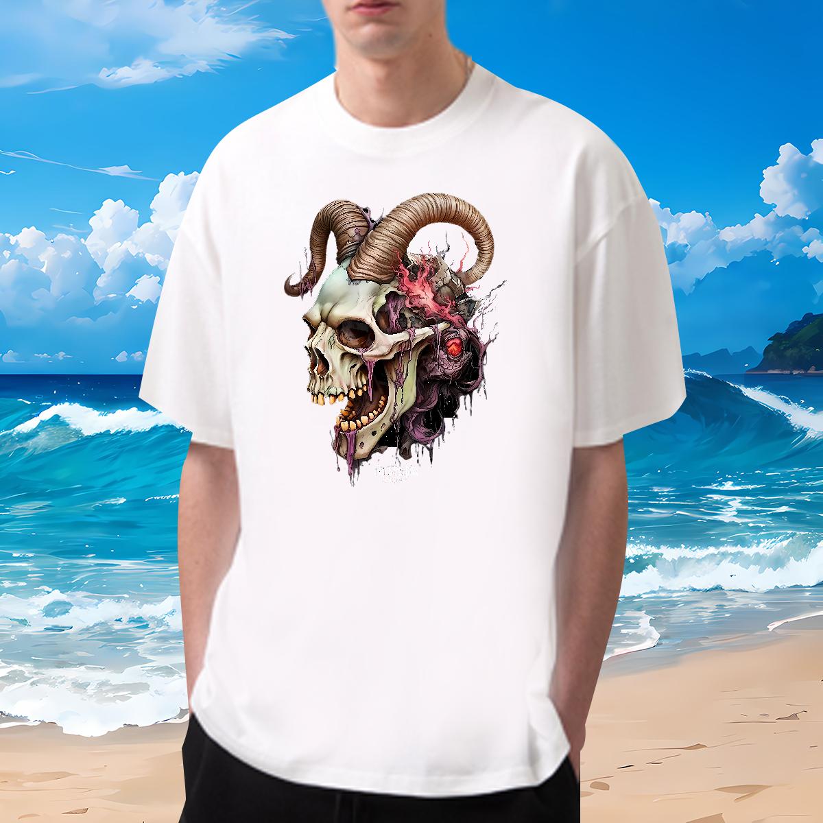 Casual New T-Shirts for Men Skeleton 230g Cotton Oversized Tshirts Home Outdoor Breathable Short Sleeve Soft Tee Shirt