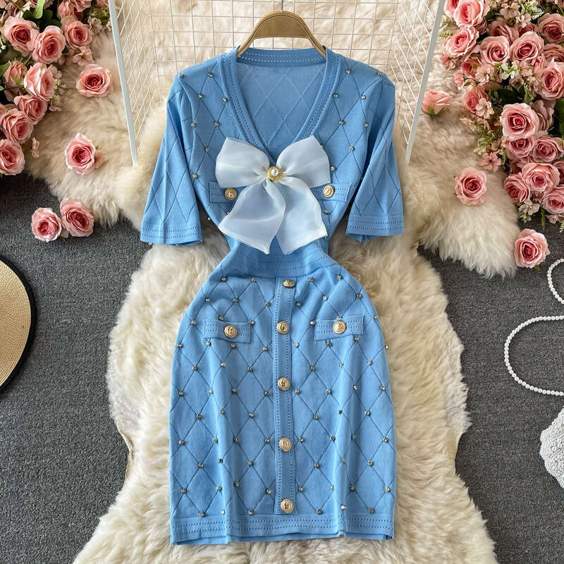 Summer New Small Fragrant V-neck Short Sleeved Single Breasted Bow Tie Heavy Industry Nail Bead Knitted Hip Wrap Dress Novelty Self-cultivation Oversi