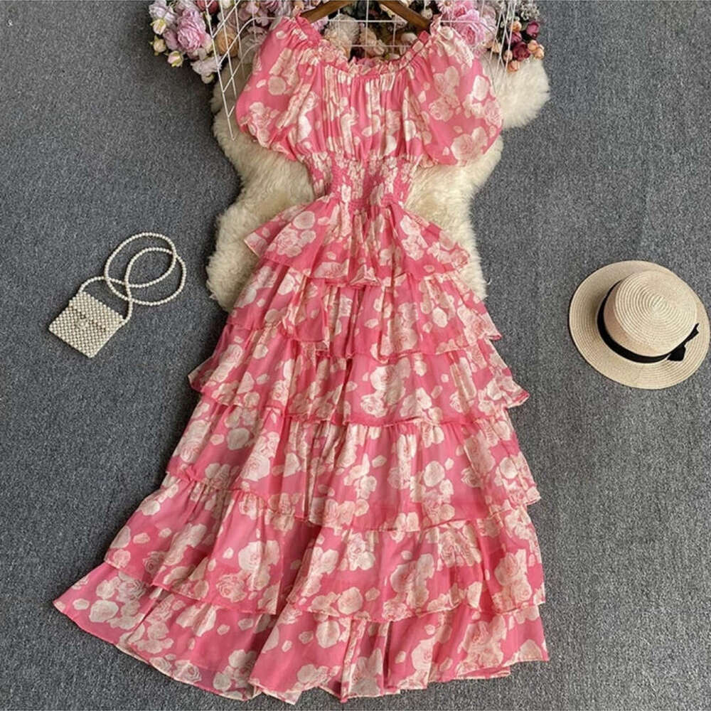Fragmented Chiffon for Womens Summer New Bubble Short Sleeved Waist Slimming Holiday Luxury Cake Dress Fishtail Dress Waist Short BOHO DRESS High Wais