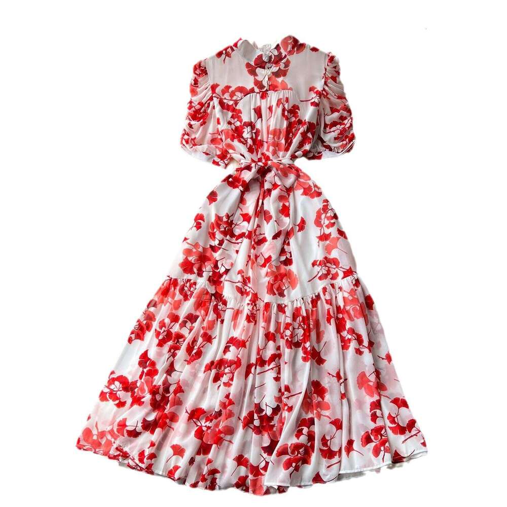 Summer Design Feeling Pleated Bubble Sleeve Dress Women with Waist Cinching Strap for Slimming Temperament, Ruffle Edge Printed Chiffon Skirt Oversize