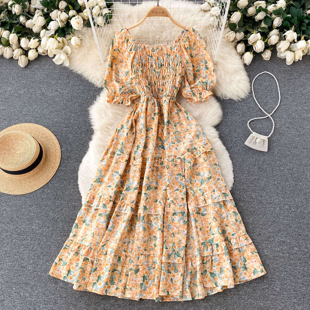 Korean Version of Chic Style Fairy Sweet Slim Fit Square Neck Bubble Sleeve Floral Dress Super Immortal Temperament A-line Skirt Pregnant Womens Dress