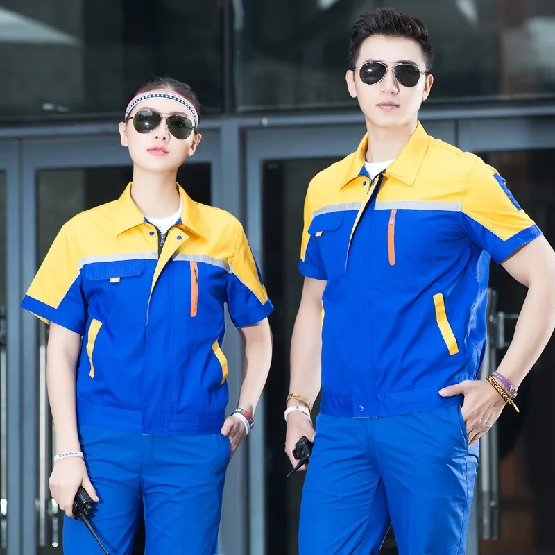 Men Workshop Wear Clothes Unisex Summer Short Sleeves Engineering Uniform Patchwork Jackets Pants Cleaner Work Wear 90 240716