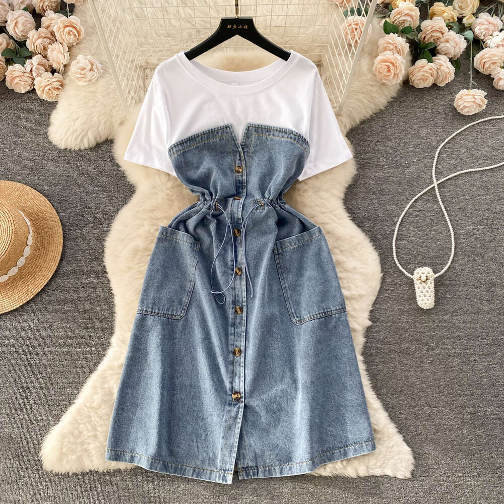 Korean Version of Emperamen and Age Reducing Vacaion Wo-piece Dress for Womens French High-end Round Neck Shor Sleeved Pachwork Waisband Denim Long