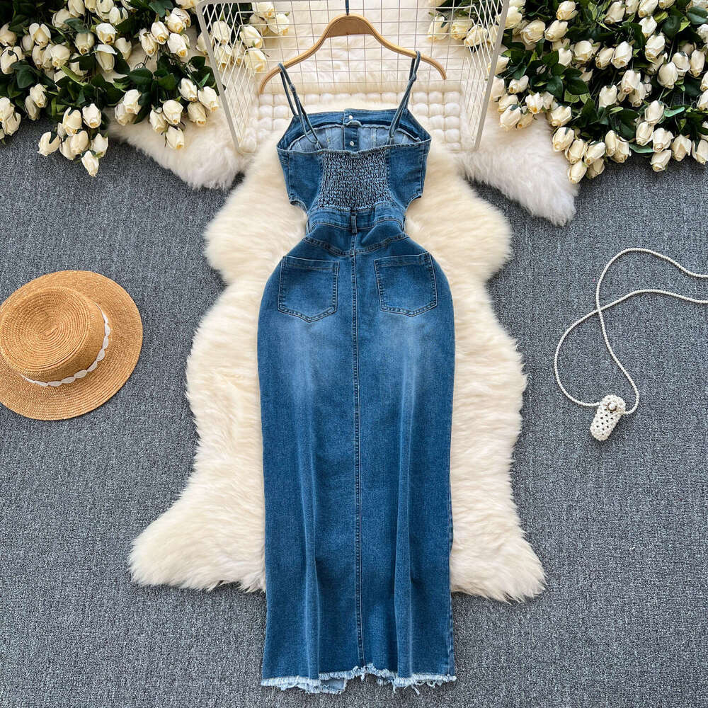 Chic Denim Skirt Design with Fur Edge, Slit, Slim Fit, Medium Length Strap, Dress for Summer Temperament Self-cultivation High Waist Dress Oversize Dr