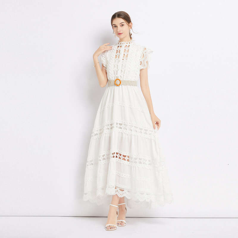 Heavy Industry Design Solid Color Long Fashionable Standing Neck Sleeveless Hollow Out Dress Without Sling Bifurcated Temperament Short BOHO DRESS
