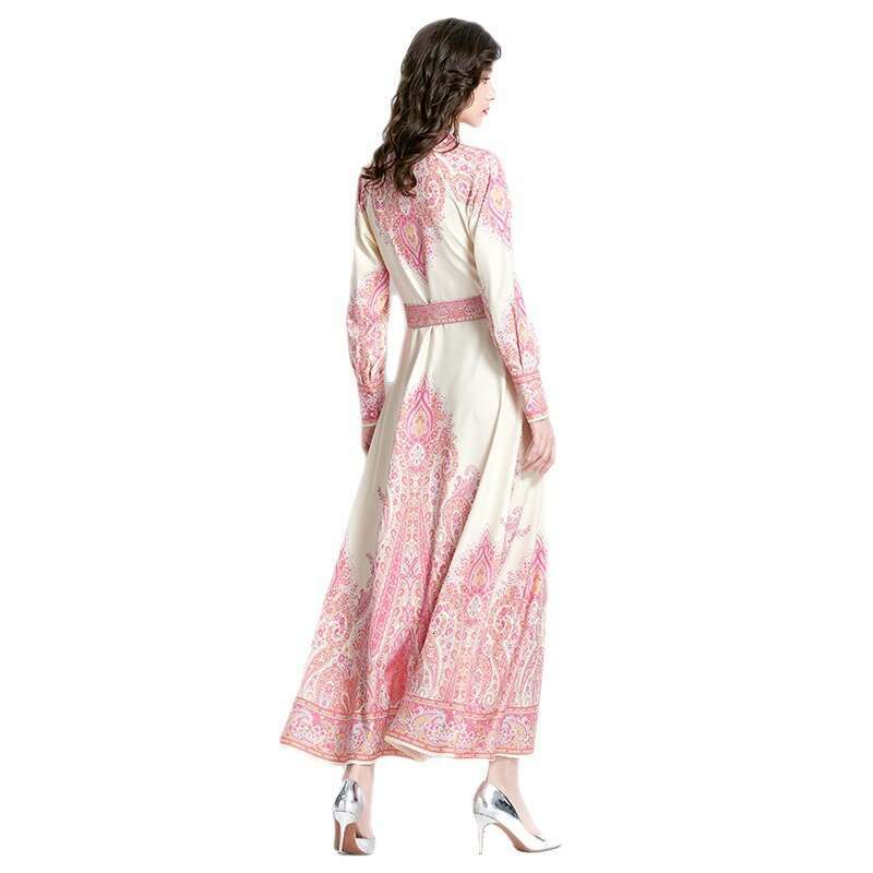 2023 Spring Womens Elegance Sleeved Palace Vacation Style Standing Neck Lantern Sleeves Long Printed Dress Self-cultivation Temperament Sexy High Wais